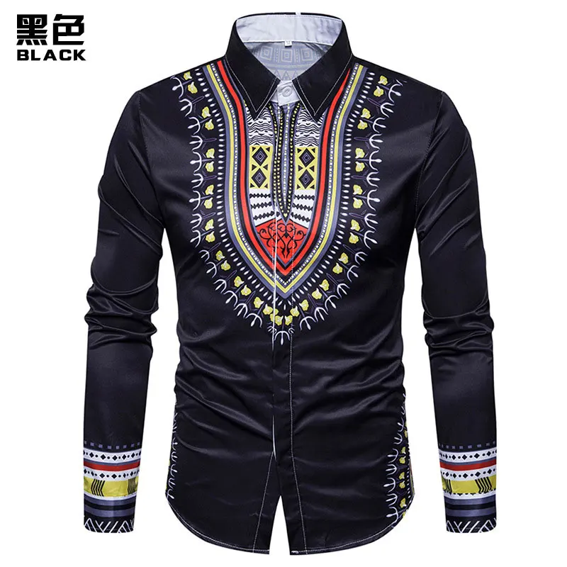 Мужские хипстерские африканские Дашики приталенные рубашки повседневные рубашки с длинным рукавом На Пуговицах Мужские традиционные африканские рубашки 3XL - Цвет: Black