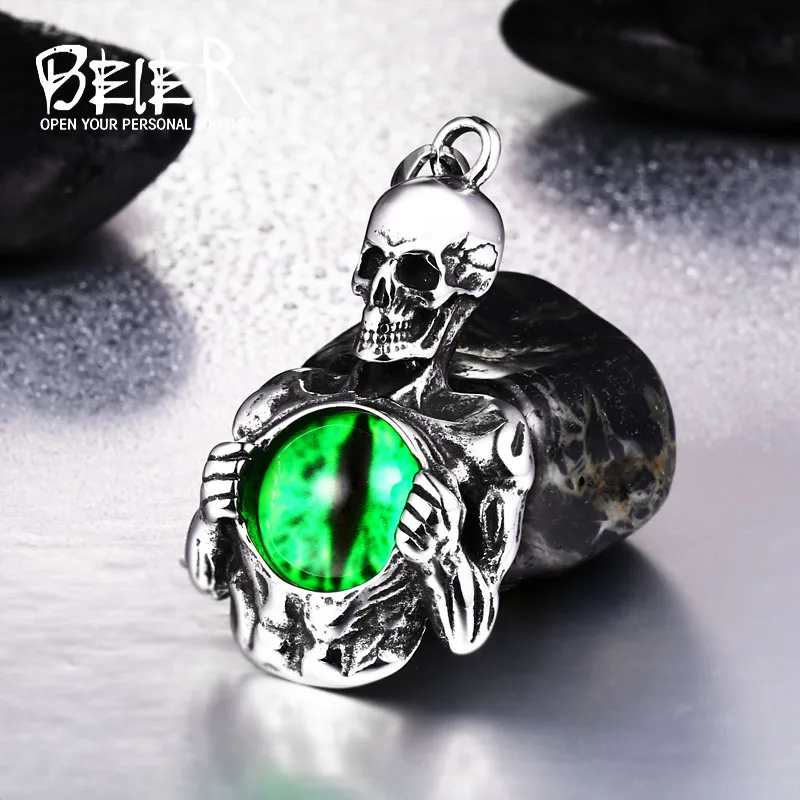 

BEIER 316L Stainless Steel Vitage Skull with 3colour eye Pendant Necklace For Man Punk Jewelry viking product boys gift BP8-391