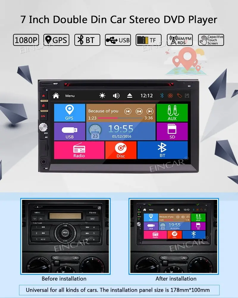 Best Eincar 2 Din Car Stereo Receiver GPS Navigation Bluetooth Car Radio RDS/USB/SD Wireless Remote Rear View Camera Subwoofer 3-UI 1