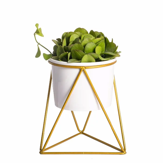 Geometric Iron Rack Holder Metal Stand Gold with White Ceramic Planter Desktop Garden Pot Succulents Plants Modern Decorative