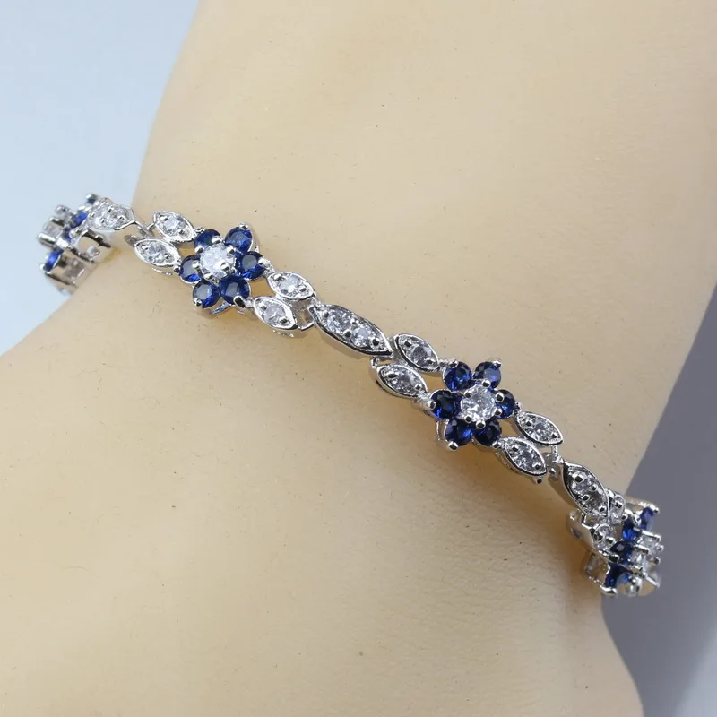 4-Цвет маленький цветок цепь браслет ювелирные изделия Длина 17 см 925 пробы серебро синего цвета с цирконием, ювелирное изделие для Для женщин/Для девочек