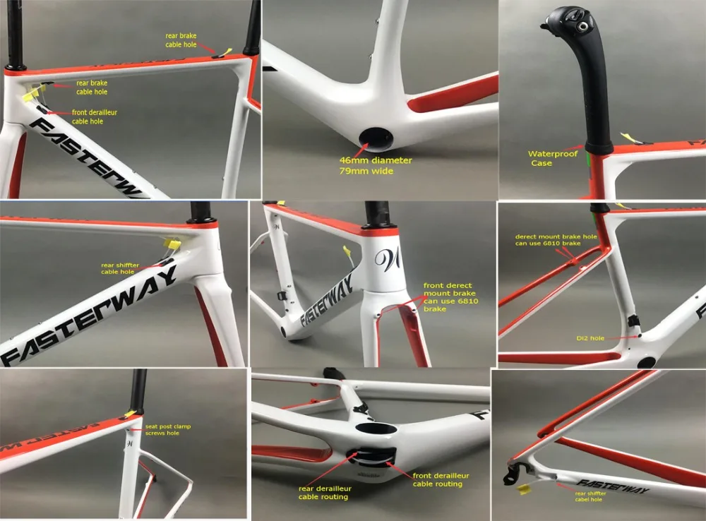 Sale white red with black  FASTERWAY classic carbon road frameset UD weave carbon bike frame:Frameset+Seatpost+Fork+Clamp+Headset 0