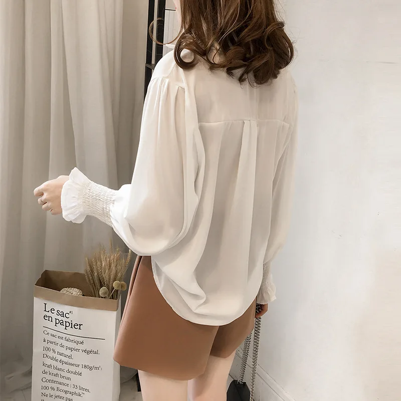  Women Chiffon Embroidered Blouses Feminine Long Sleeve Shirt Loose Lantern Sleeve Cotton Lining Top