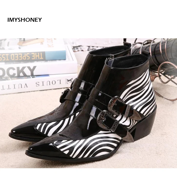 

New Style Handmade Men Boots with Geometric Pattern Fashion Party and Prom Men Genuine Leather Zebra Pattern