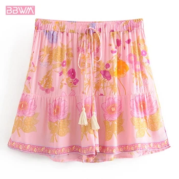 

2019 summer new female tassel with fringed floral print elastic waist women Ethnic style sexy casual holiday hot pants