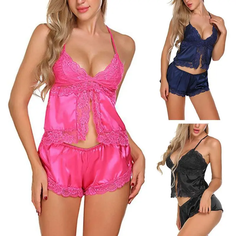 

Women Sexy Sleepwear Set Floral Lace Patchwork Spaghetti Straps Open Front V-Neck Crop Tops Low Waist Shorts Pajamas Nightwear