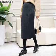 Юбки Женские зимние прямые однотонные простые универсальные трикотажные в Корейском стиле мягкие длинные юбки женские элегантные женские шикарные милые