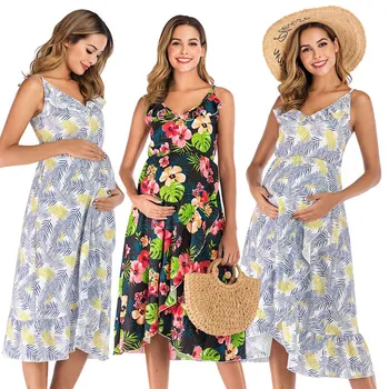 

Summer Pregnancy Dress Women's Maternity Floral Print V-Neck Sleeveless Irregular Dresses Maternity Dress Photography Plus Size
