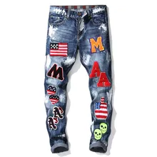 Мужские прямые джинсы с несколькими нашивками, вышитыми буквами и флагом США, синие байкерские джинсы, обтягивающие брюки в стиле хип-хоп, 896