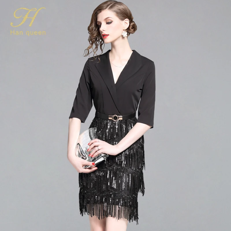 

H Han Queen 2019 Summer Dress Work Casual Slim Sequin Tassel Sexy Evening Party Dresses Women Patchwork A-line Vintage Vestidos