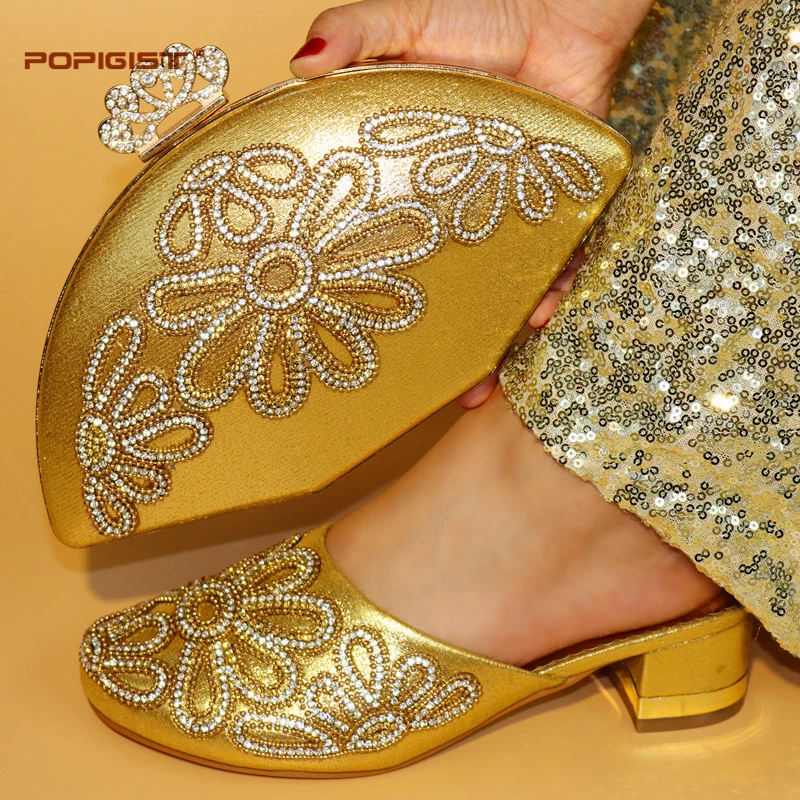 

Comfortable Short Pumps Fashion Italian shoes And Matching Bag With Rhinestone Gold African Wedding Shoes And Bag Set For Party