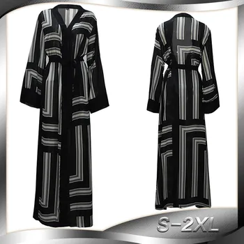 

Muslim Middle Eastern Fashion Striped Loose Tie Cardigan Long Robes Female Patchwork Black Turkish Dubai Thobe Prayer Maxi Dress