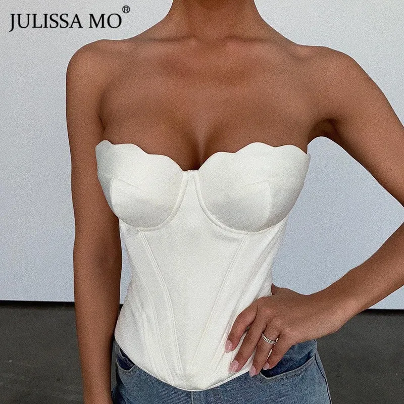 JULISSA MO White PU Leather Summer Tube Tank Top Women Strapless Backless Sexy Tanks Tops Fur Fashion Off Shoulder Bustier Tee