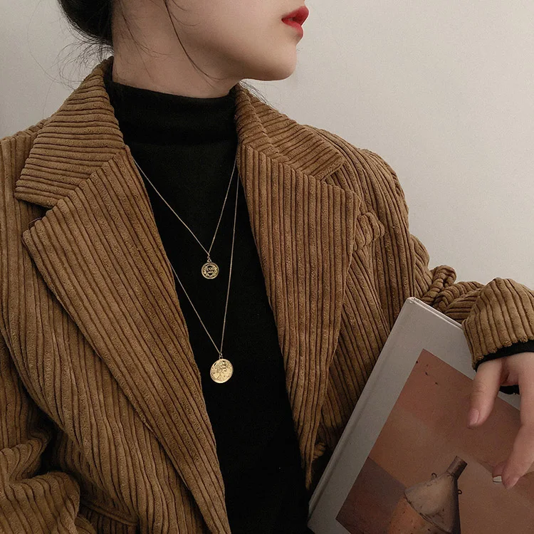 HUANZHI Золотое круглое винтажное простое многослойное ожерелье с длинной цепочкой и подвеской для свитера, Трендовое ювелирное изделие
