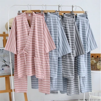 

Knitted Cotton Kimono Pajamas for Women and Men Striped Kimono and Pants Pajama Set Spring Autumn Couple Homewear