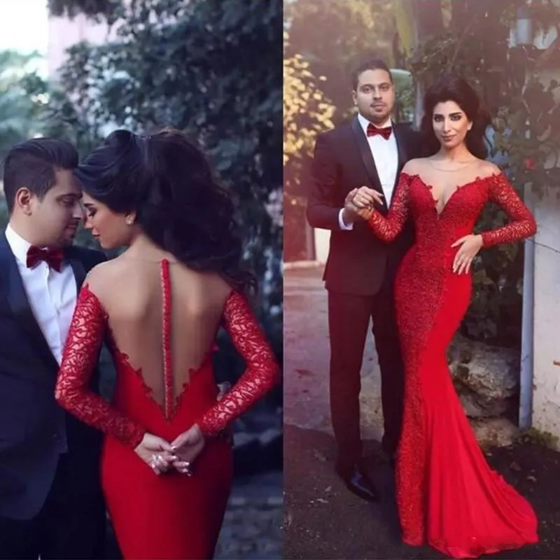 

Arabic Red Mermaid Formal Dress Evening Wear Sheer Jewel Lace Applique Trumpet Long Prom Party Dress Pageant Gowns Cheap Custom