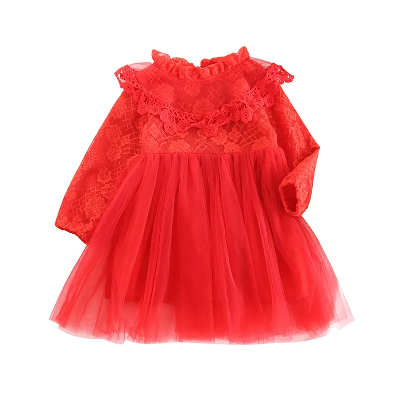 

Children's clothing girls spring and autumn red flowers solid color lace stitching mesh princess dress sweet dress