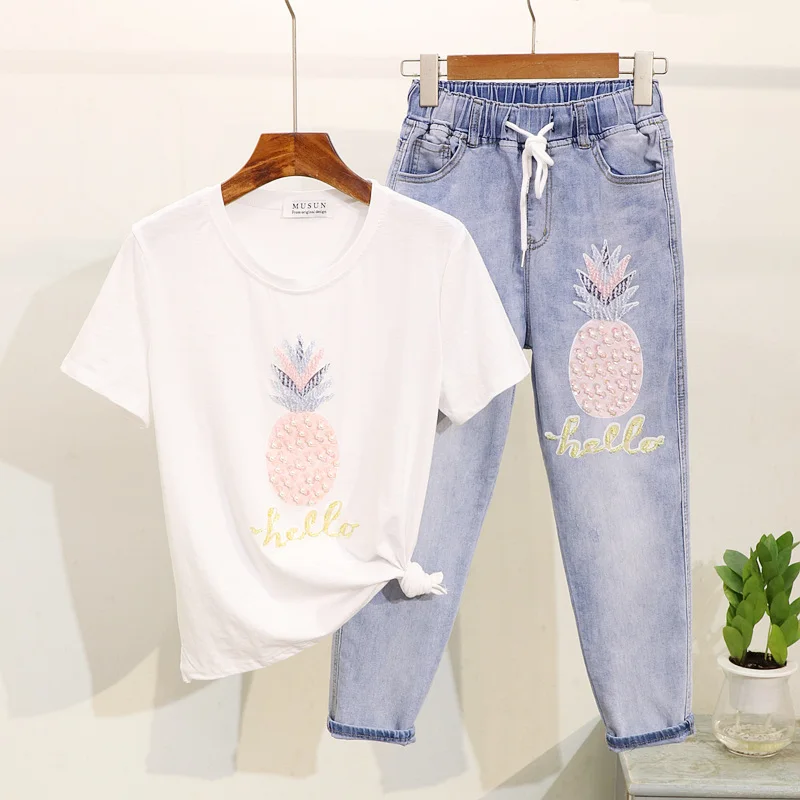 Women Summer Tees Jeans 2PCS Sets Beading Sequined Pineapple O-Neck Short Sleeve T-shirts+Lace-up Elastic Waist Denim Pants | Женская
