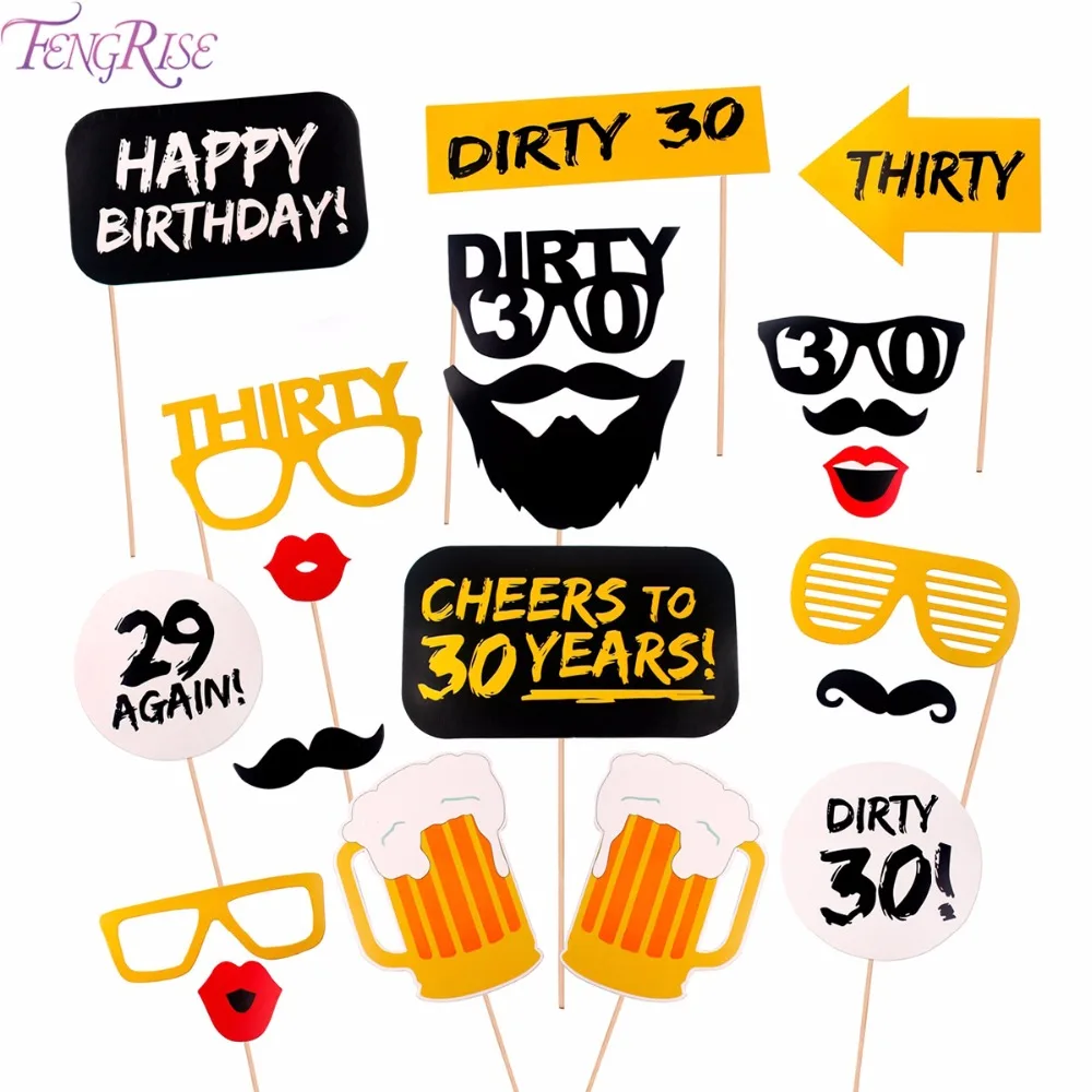 

FENGRISE 20PCS Happy 30th Photo Booth Birthday Party Decoration Adult 30 Years Birthday Photobooth Props Gold Anniversary Decor