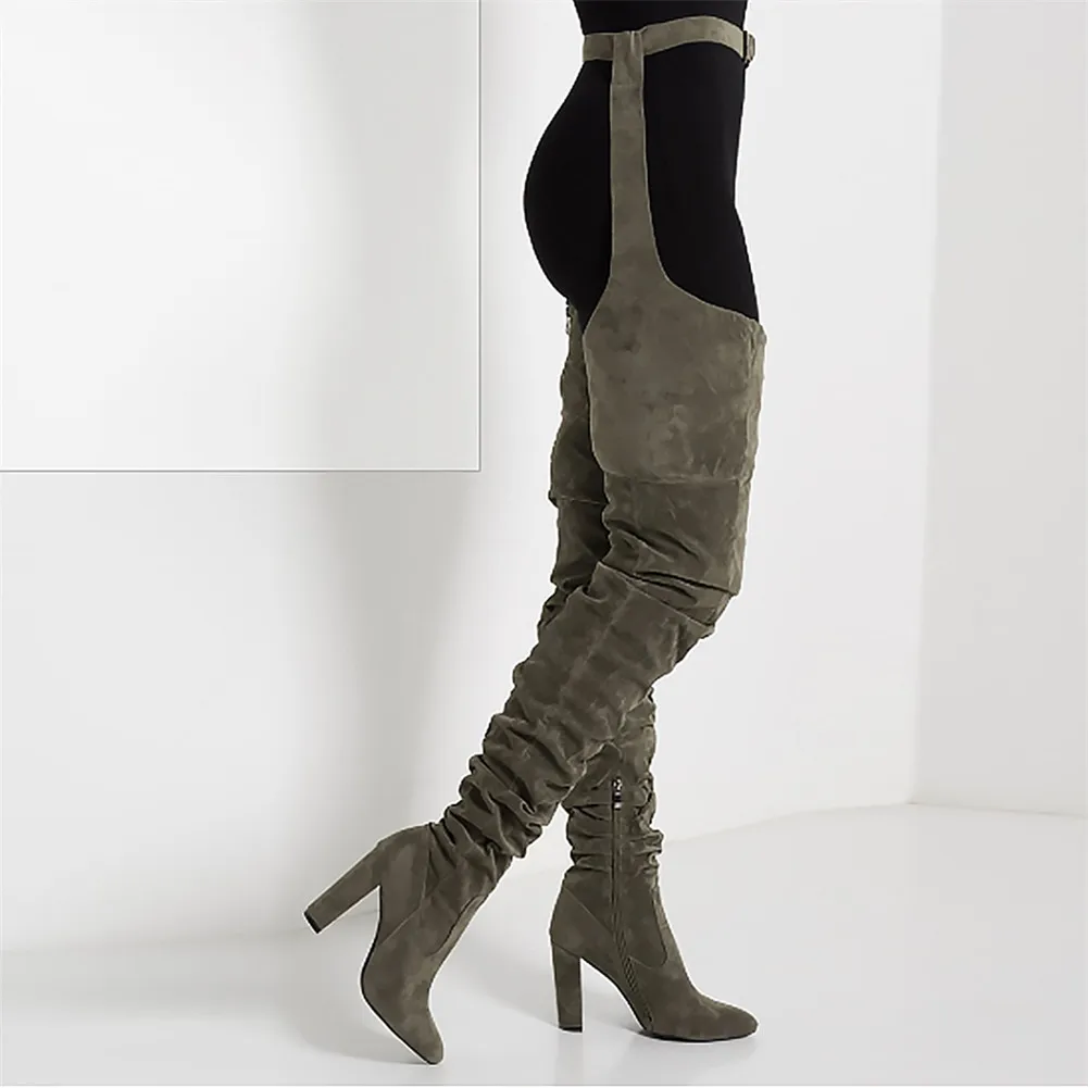 SARAIRIS/женские ботфорты выше колена в стиле Рианны; замшевые ботфорты с острым носком на высоком каблуке со складками; пикантные черные ботфорты