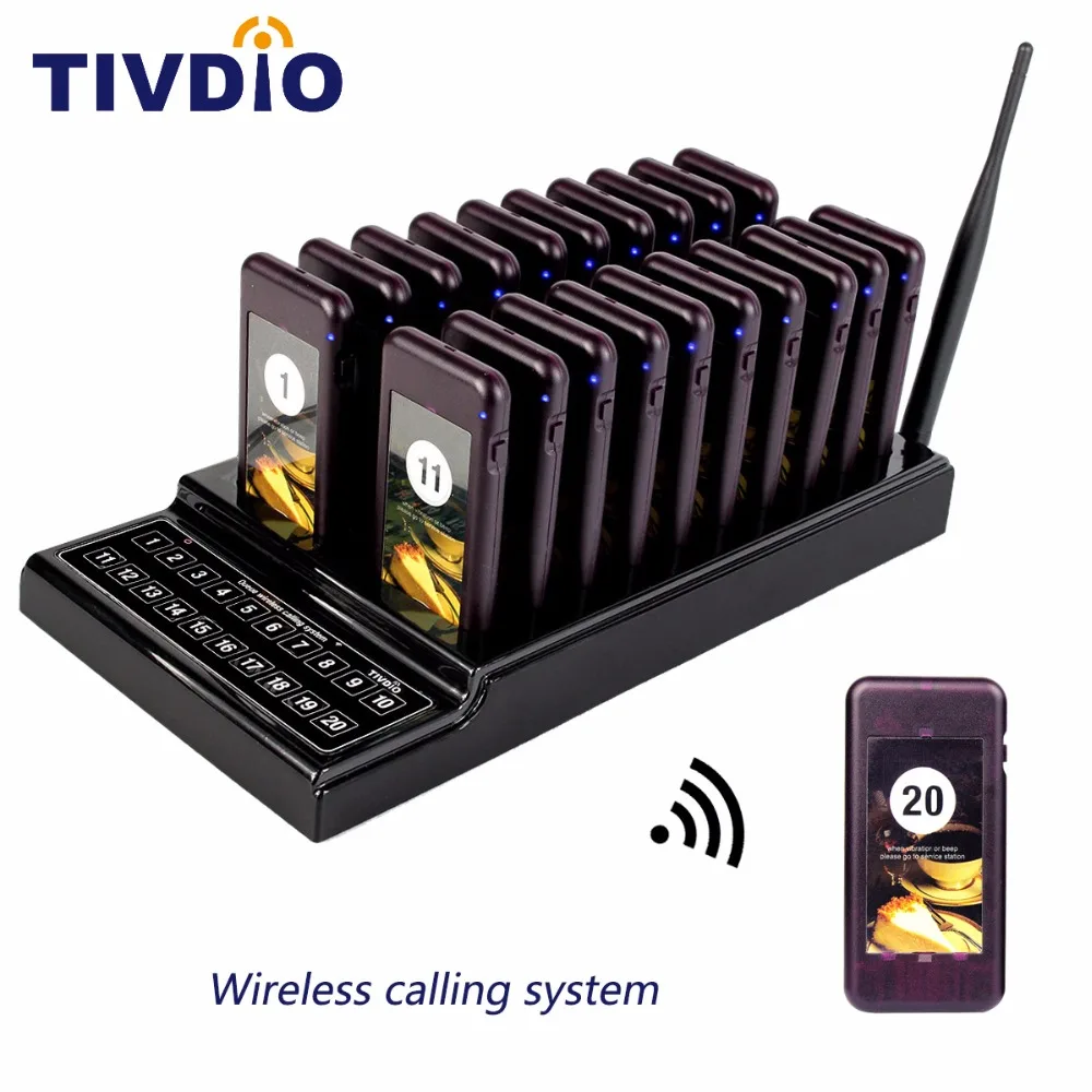 Kopen TIVDIO T 111 Draadloze Paging Queuing Systeem 20 Call Coaster Pager + 1 Zender Restaurant Pager Apparatuur F9401
