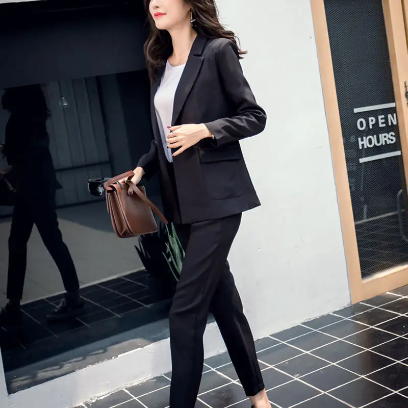 Женский комплект из 2 предметов короткий серый однотонный блейзер+ штаны с завышенной талией офисный женский жакет с разрезом брюки костюмы корейские костюмы Femme - Цвет: black