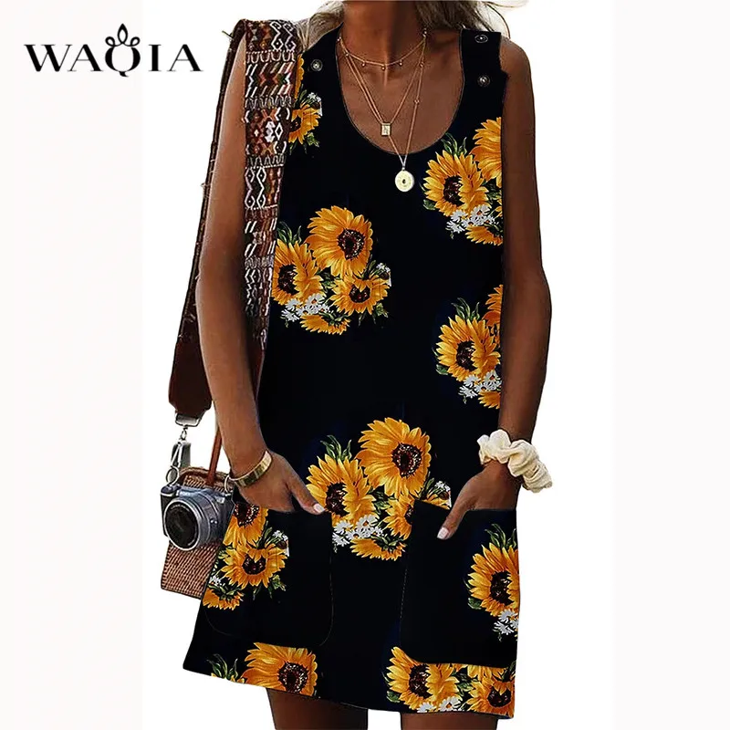 WAQIA 2019 летнее платье женское с цветочным принтом без рукавов Boho короткое пляжное