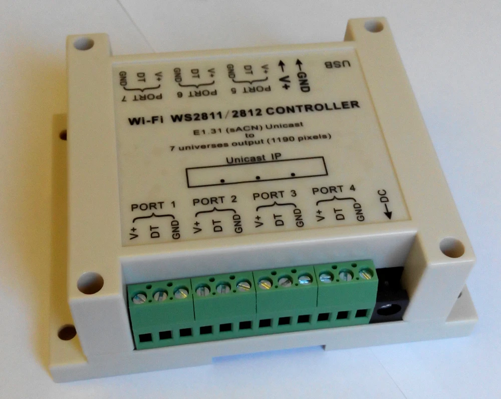 WiFi DC5V-24V WS2811/WS2812 контроллер, беспроводной одноадресный E1.31(sACN) до 7 портов, выход до 1190 пикселей, простая настройка WiFi