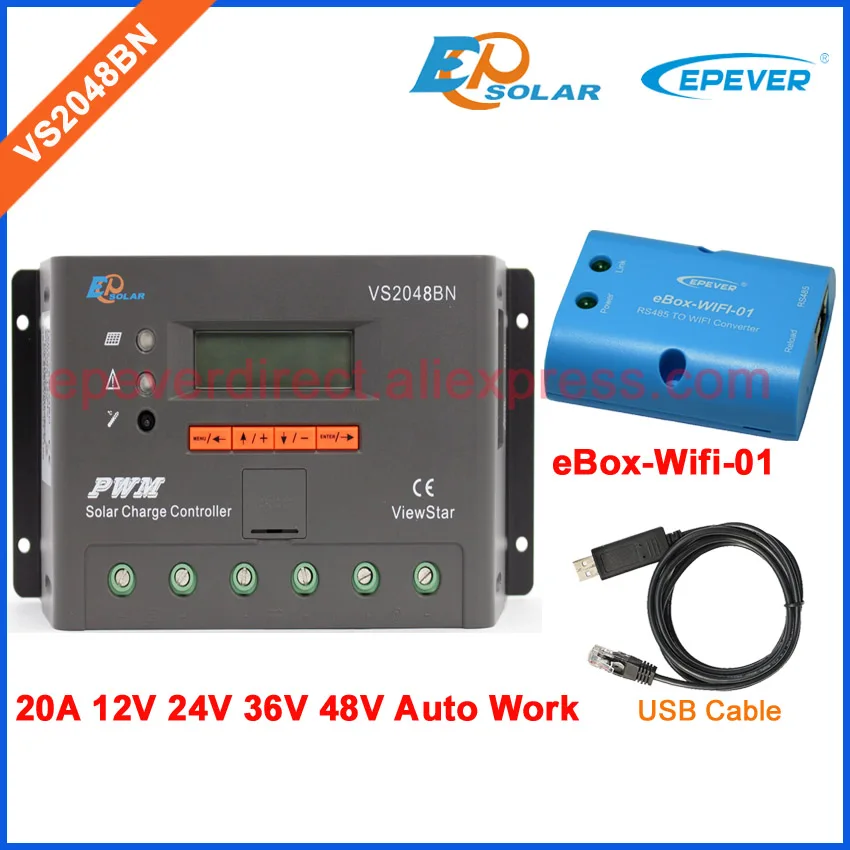 

eBOX-Wifi-01 and USB communication cable PWM controller LCD display VS2048BN solar battery controller 20A 48V 36V EPEVER