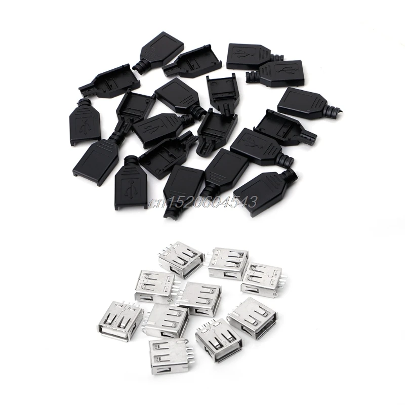 

10 Sets Type A Female USB 4 Pin Plug Socket Jack Connector w/Black Plastic Cover DIY R06 Drop Ship