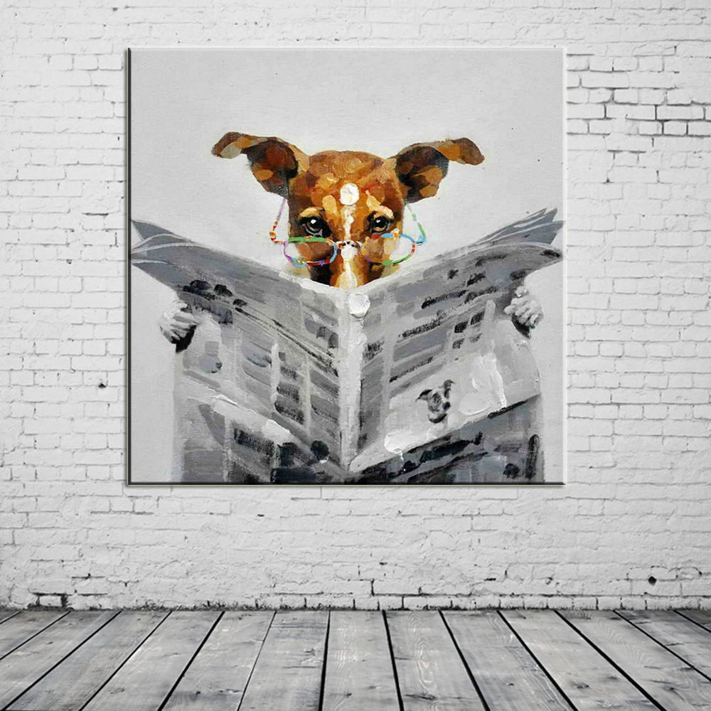 

Handmade Wall Painting Read the Newspaper Dog Paintings Picture Canvas Abstract Home Decor Animals Oil Painting Hang Pictures