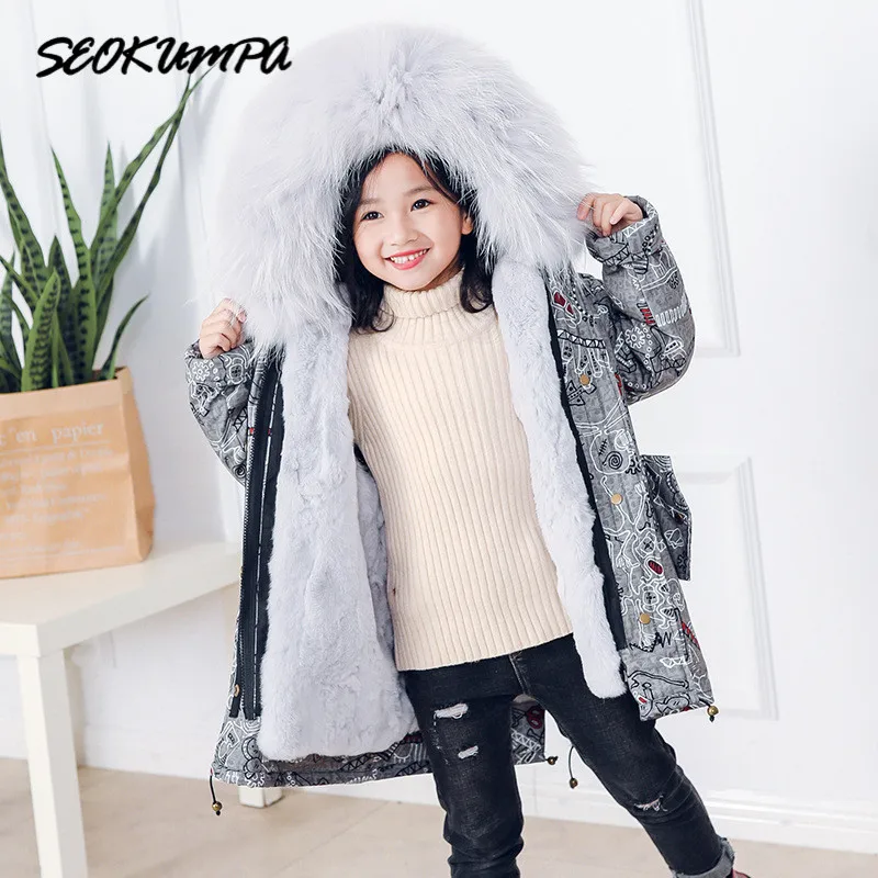 

Winter Girls Natural Rex Rabbit Fur Coat Children Fur Kids Jacket Warm Parkas Real Raccoon Fur Collar Baby Boys Girls Jackets