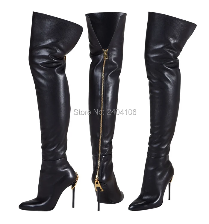 Роскошная пикантная обувь; женские эластичные черные кожаные сапоги до бедра; Сапоги выше колена на золотистой молнии; женские ботинки на высоком каблуке-шпильке