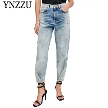 

YNZZU 2019 New arrival high-waist jeans Straight-leg fit buttons women pants Loose causal Washed Ankle-length harem pants YB344