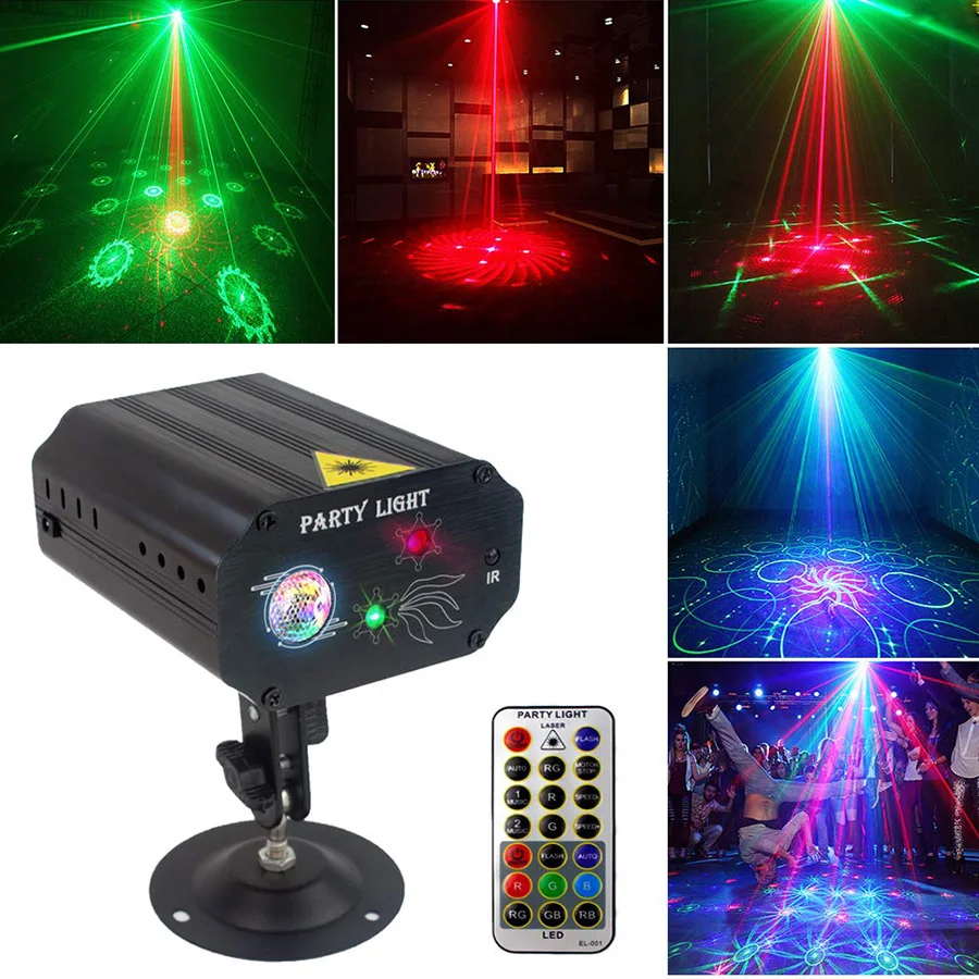 

Mini IR Remote Red Green Christmas Laser Projector Lights 16 Patterns DJ KTV Home Party Dsico Strobe Light LED Stage Lighting