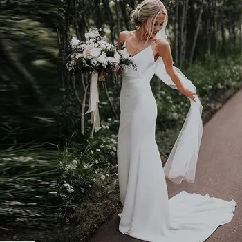 

Spaghetti Straps Wedding Dress 2020 Chiffon V Neck A-line Sexy Romantic Bridal Gown Custom Made