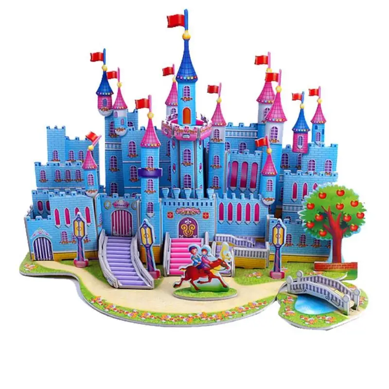 Handmade Toy Gift Funny Beauty Constructin 3D DIY Fairytale Castle Puzzle Baby Children Kids Educational Jigsaw Toy Kindergarten - Цвет: Blue