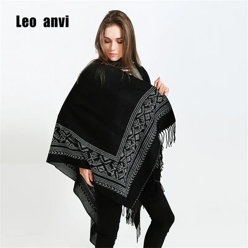 

Leo anvi newest winter poncho feminino inverno for women fashion black gray tassel towel wrap shawl Decorative blanket scarf