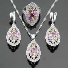 Hecho en China Multicolor Piedras Plata de Color Pendientes de Gota Colgante de Collar de Sistemas de La Joyería Para Las Mujeres Anillos Caja de Regalo Libre
