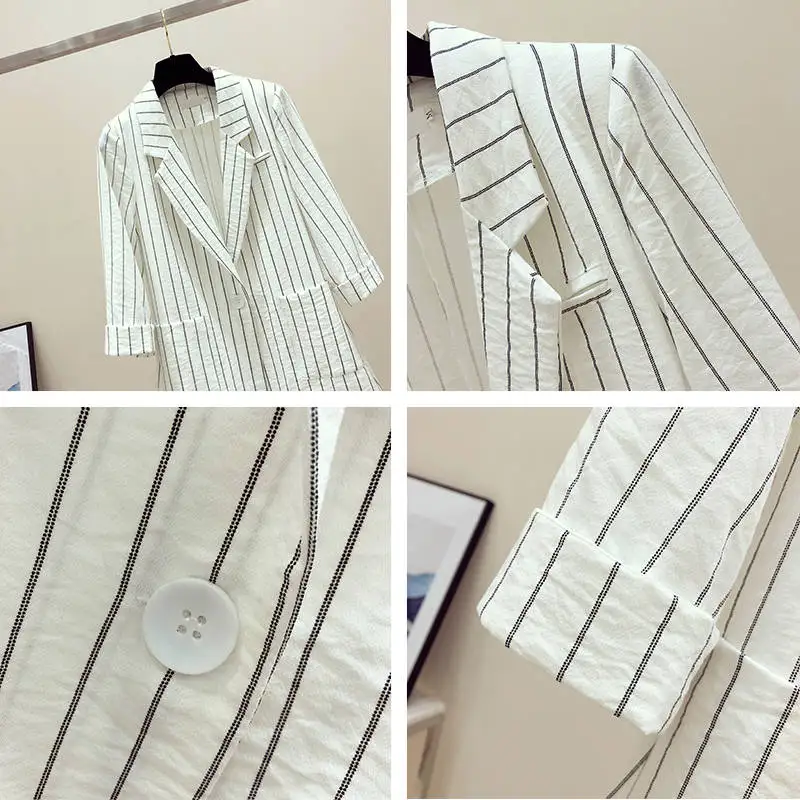 Ladies fashion Striped Single breasted blazer Casual Notched Simple basic blazer women female outwear black white clothes