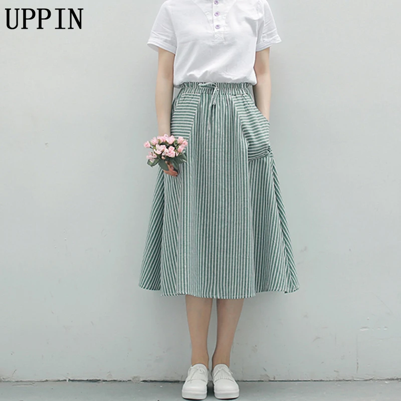 

UPPIN 2018 New Spring Summer Women Stripe Skirts Casual Loose Cotton Linen Female Skirts Vintage Elegant Girl Midi Skirts Female
