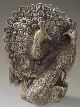 

Collectible Decorated Miao Silver Carved Pair Peacock Statue