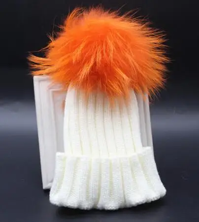 Jinsen Aite/зимняя детская шапка, 15 см, настоящий шарик из меха енота, шапки, Повседневные детские теплые шапки для мальчиков и девочек, детская одежда, JS222 - Цвет: white 3