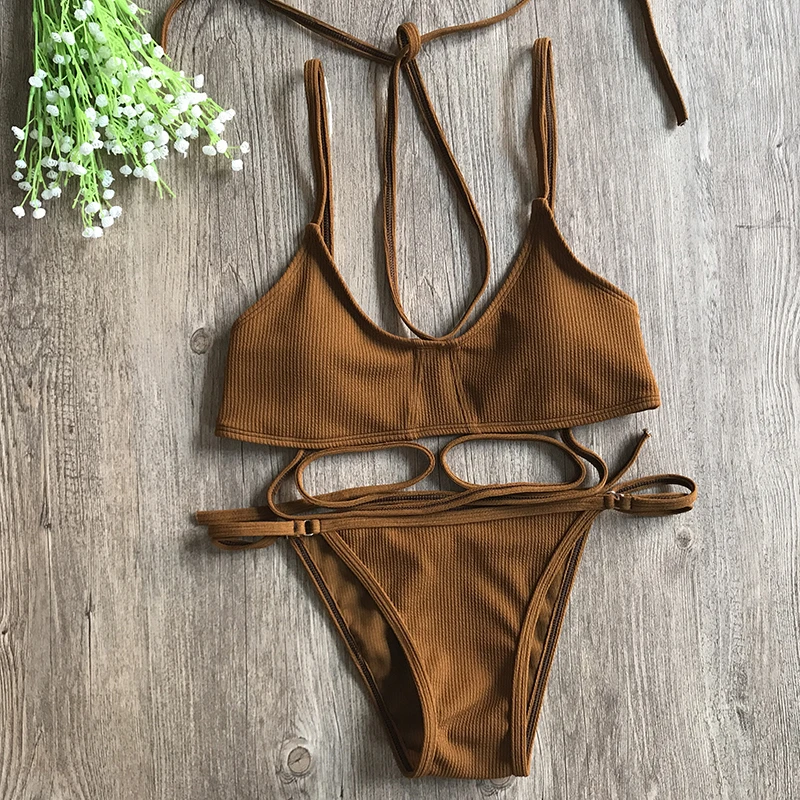 

stripe solid color bikinis swimsuit high waist Thong swimwear women Sexy Bandage top Halter Beach Bathing Suit 2018 bikini set