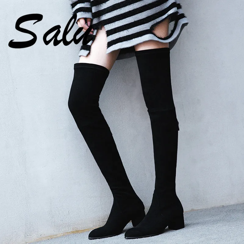 

Salu Winter Autumn Thigh High Boots Women High Knee Boots Square Heels Round Toe Lace Up Comfortable Ladies Shoes Woman