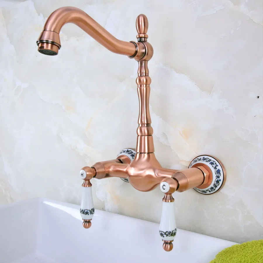 Antique Red Copper Brass Wall Mounted Bathroom Kitchen Sink Faucet Swivel Spout Mixer Tap Dual Ceramics Handles Levers anf953