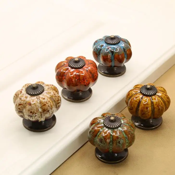 FAST SHIPPING 40MM Cracked leopard print Ceramic Pumpkin Knobs for Kids Ancient Style Coloured glaze Cupboard