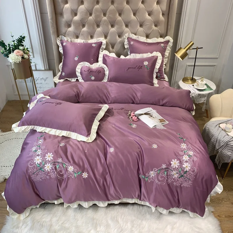 Bedding Set embroidery Bed Set broadbrimmed Bed Sheet Queen King Size Duvet Cover Set Purple pink yellow cyan blue Bed Linen