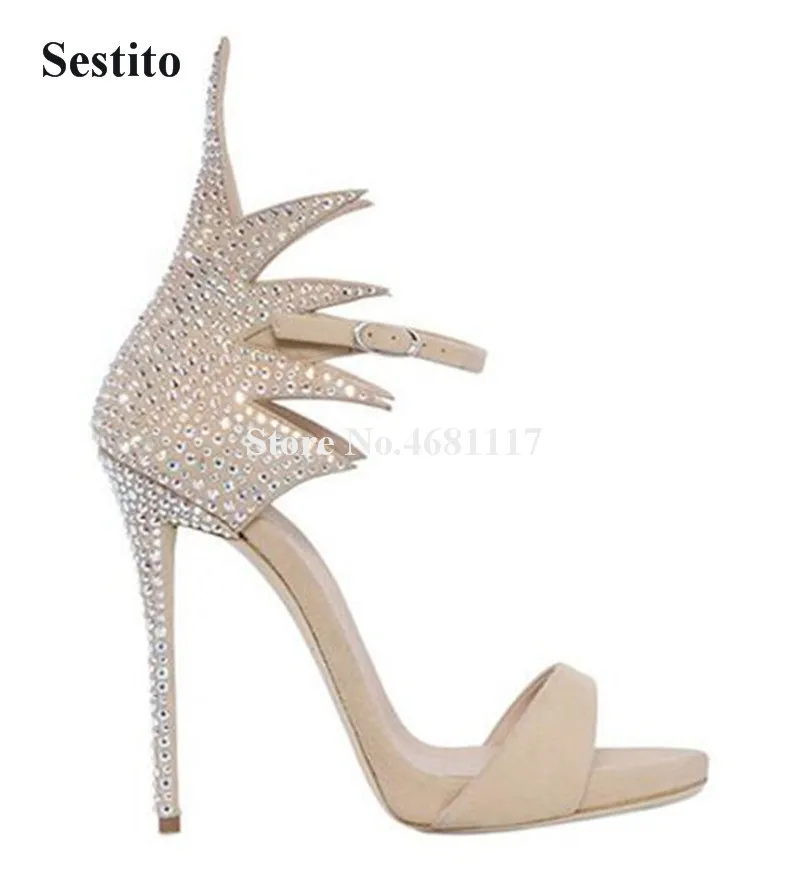 

Brand Design Women Fashion Open Toe Rhinestone Thin Heel Gladiator Boots Wings Design Crystal High Heel Sandals Wedding Shoes