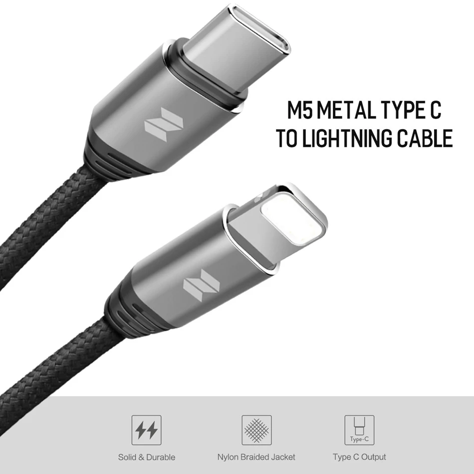 ROCK type c для освещения iPhone кабель металлический 1 м для Lightning USB C кабель для передачи данных для iOS 8 9 10 11 нейлоновый плетеный шнур для зарядки